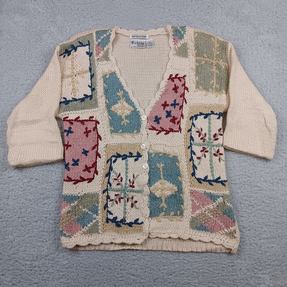 VTG Exclusive Imports Cardigan Sweater Women L Cream Patchwork Hand Knit RN37553